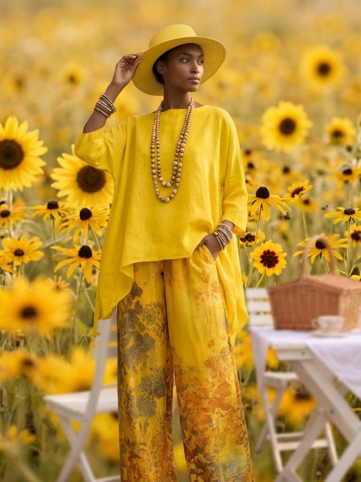 Solange | Ensemble Tunique Asymétrique Unie & Pantalon Large Fleuri