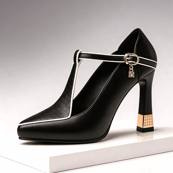 Vivienne | Escarpins Bout Pointu Bride T-Bar & Talon Doré Sculpté
