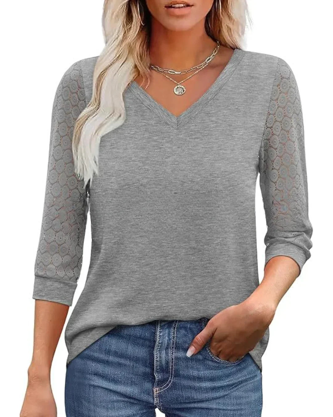 Amélie | Blouse Col V & Manches Dentelle Fleurie