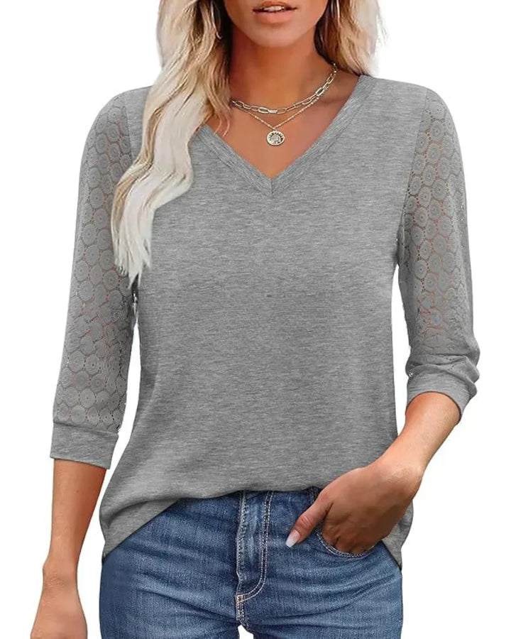 Amélie | Blouse Col V & Manches Dentelle Fleurie