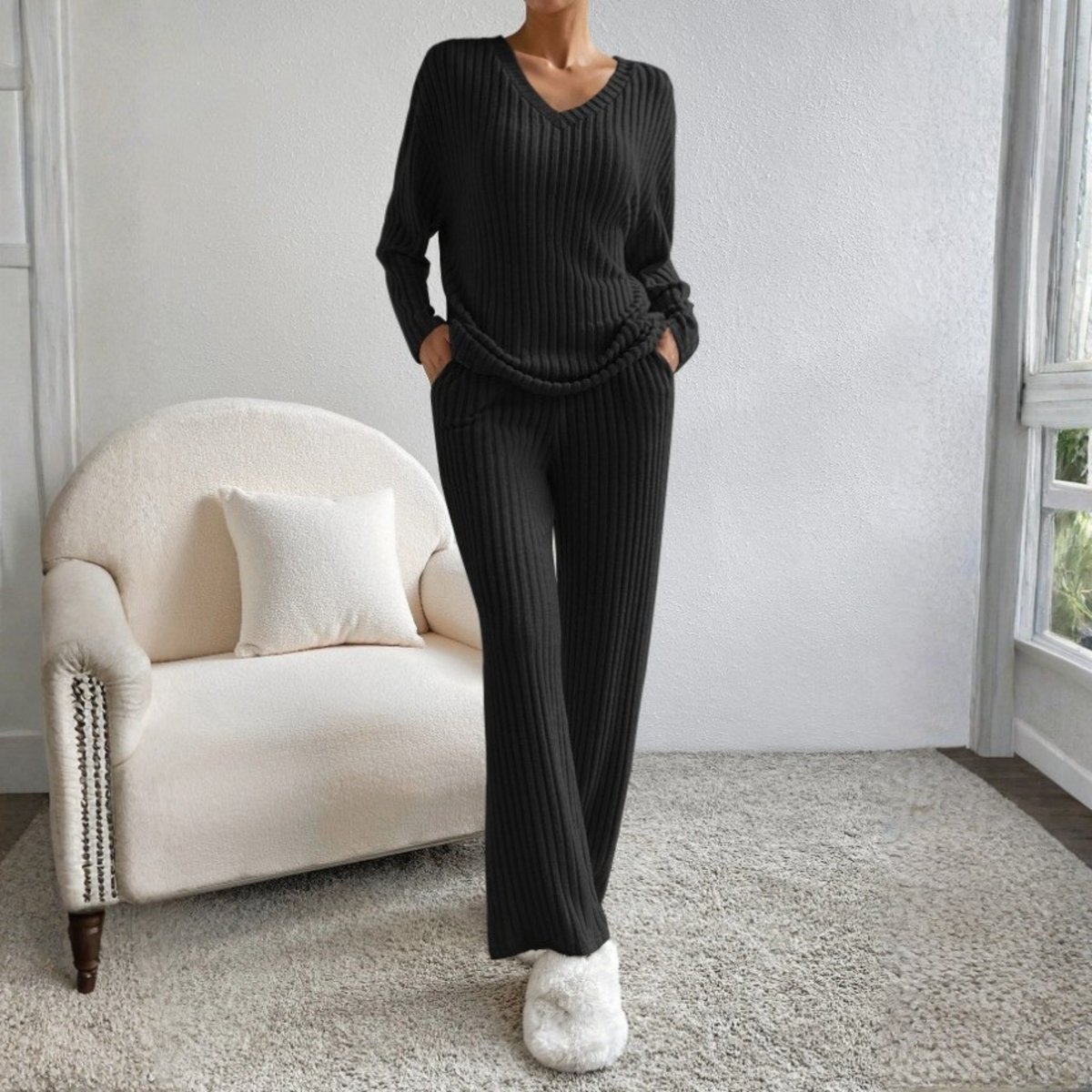 ENLINS™ - Casual Long Sleeve V-Neck Top and Pants Set