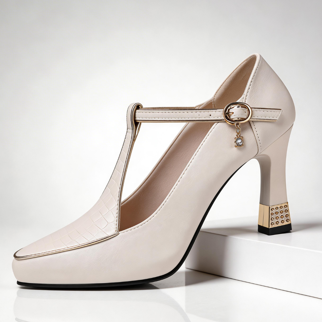 Vivienne | Escarpins Bout Pointu Bride T-Bar & Talon Doré Sculpté