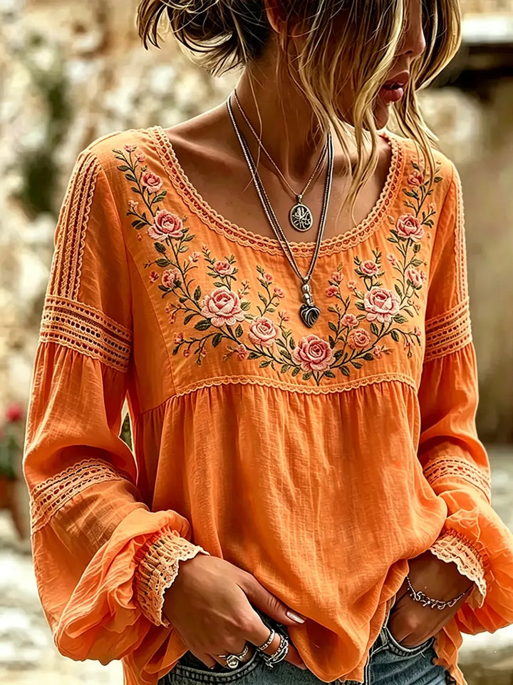 Mireille | Blouse Lin Broderie Roses Col Carré & Insertions Dentelle