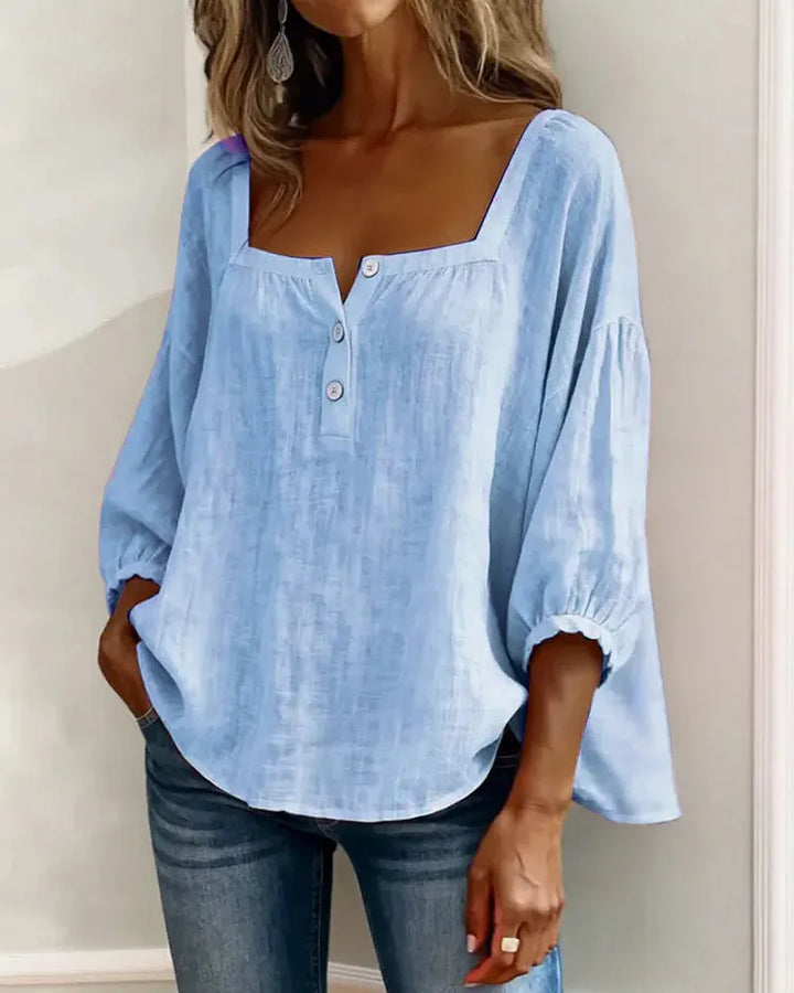Colette | Blouse Lin Col Carré & Manches Bouffantes