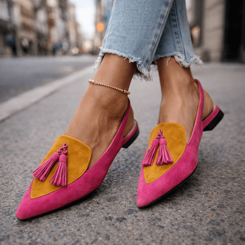Lorena | Mules Plates Bicolores Suédine & Pompons
