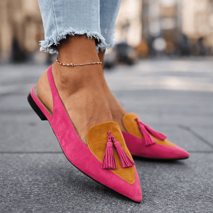 Lorena | Mules Plates Bicolores Suédine & Pompons