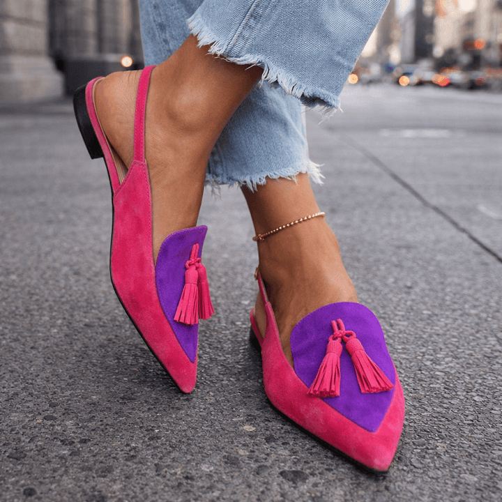 Lorena | Mules Plates Bicolores Suédine & Pompons