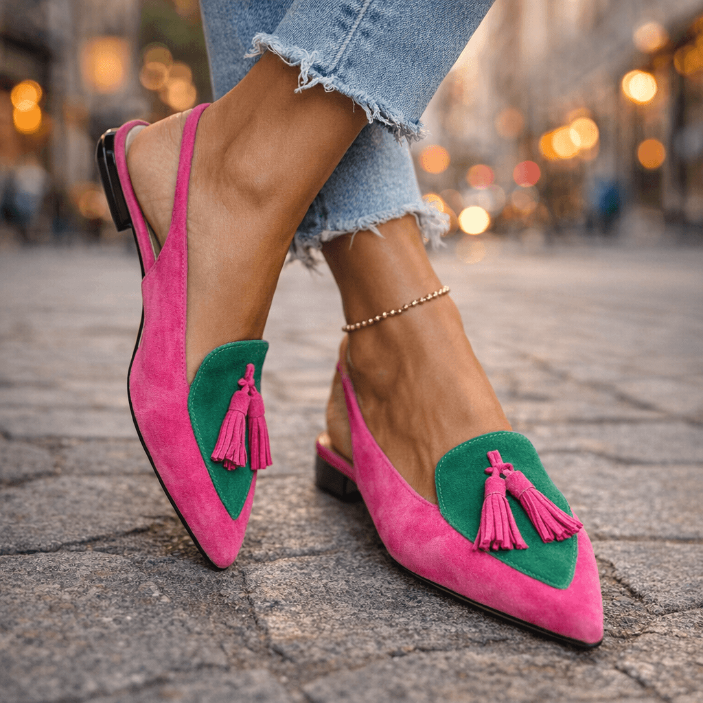 Lorena | Mules Plates Bicolores Suédine & Pompons