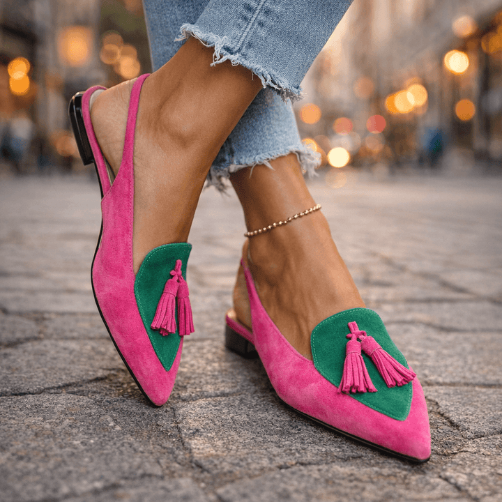 Lorena | Mules Plates Bicolores Suédine & Pompons