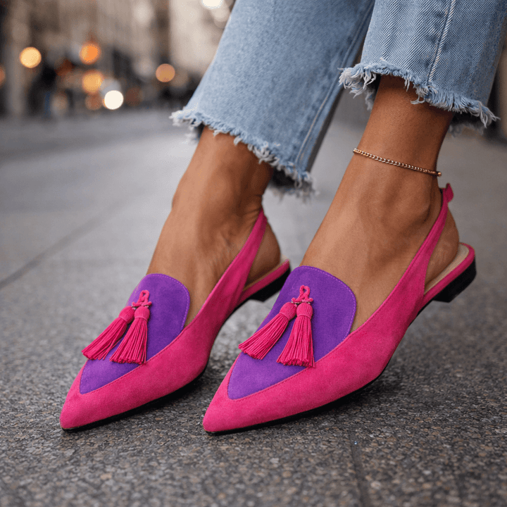 Lorena | Mules Plates Bicolores Suédine & Pompons