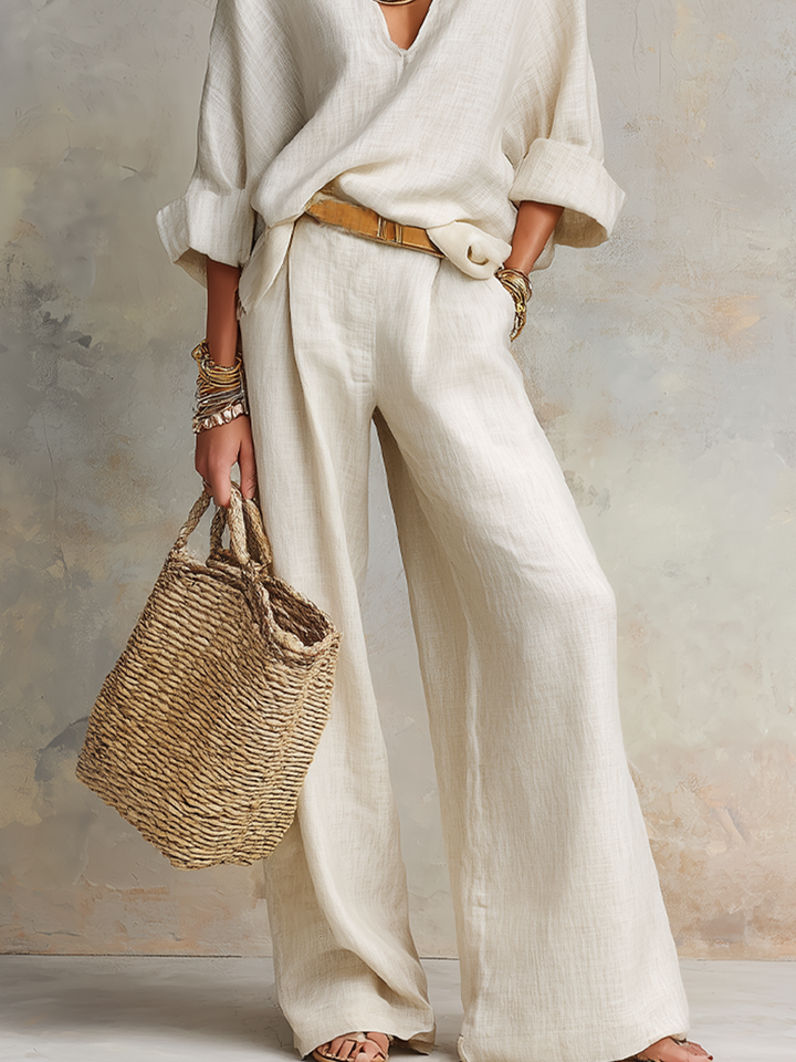 Naomi | Ensemble Lin Col V Oversize & Pantalon Large Fluide
