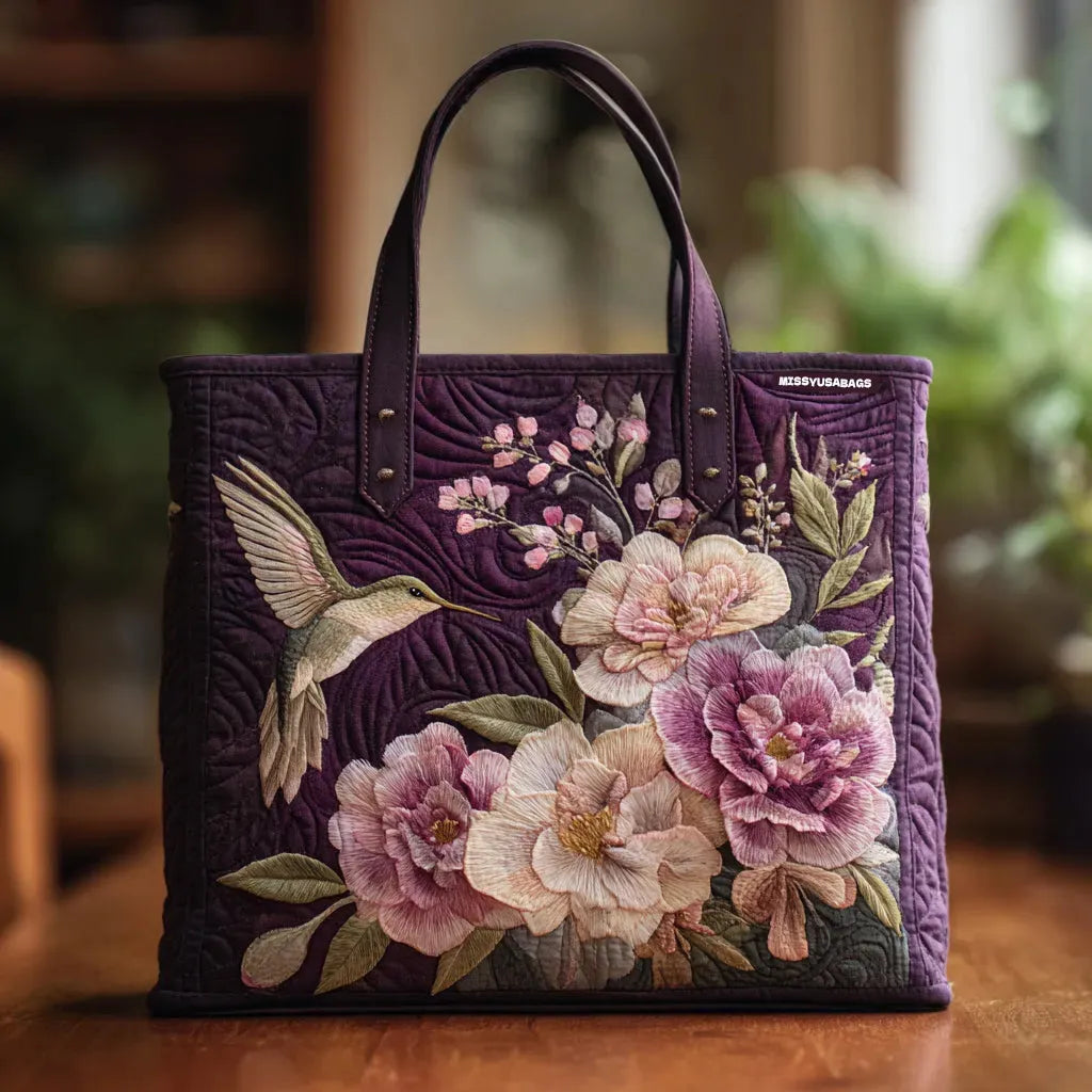Sac Artisanal Matelassé Violet avec Colibris et Orchidées