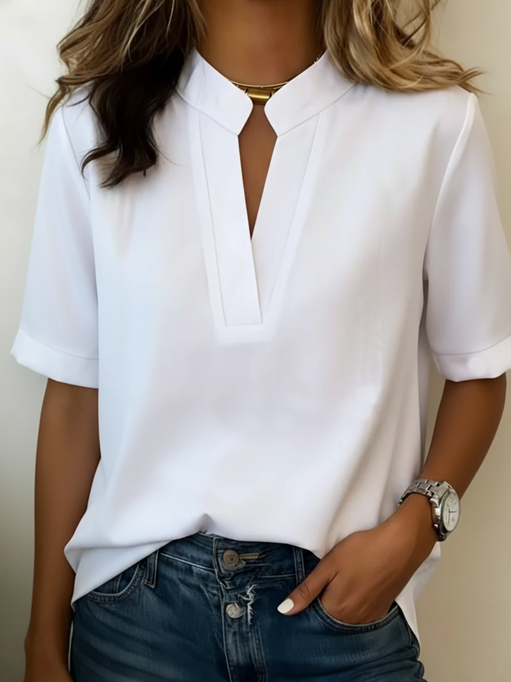 Nathalie | Blouse Élégante Col Fendu Manches Courtes
