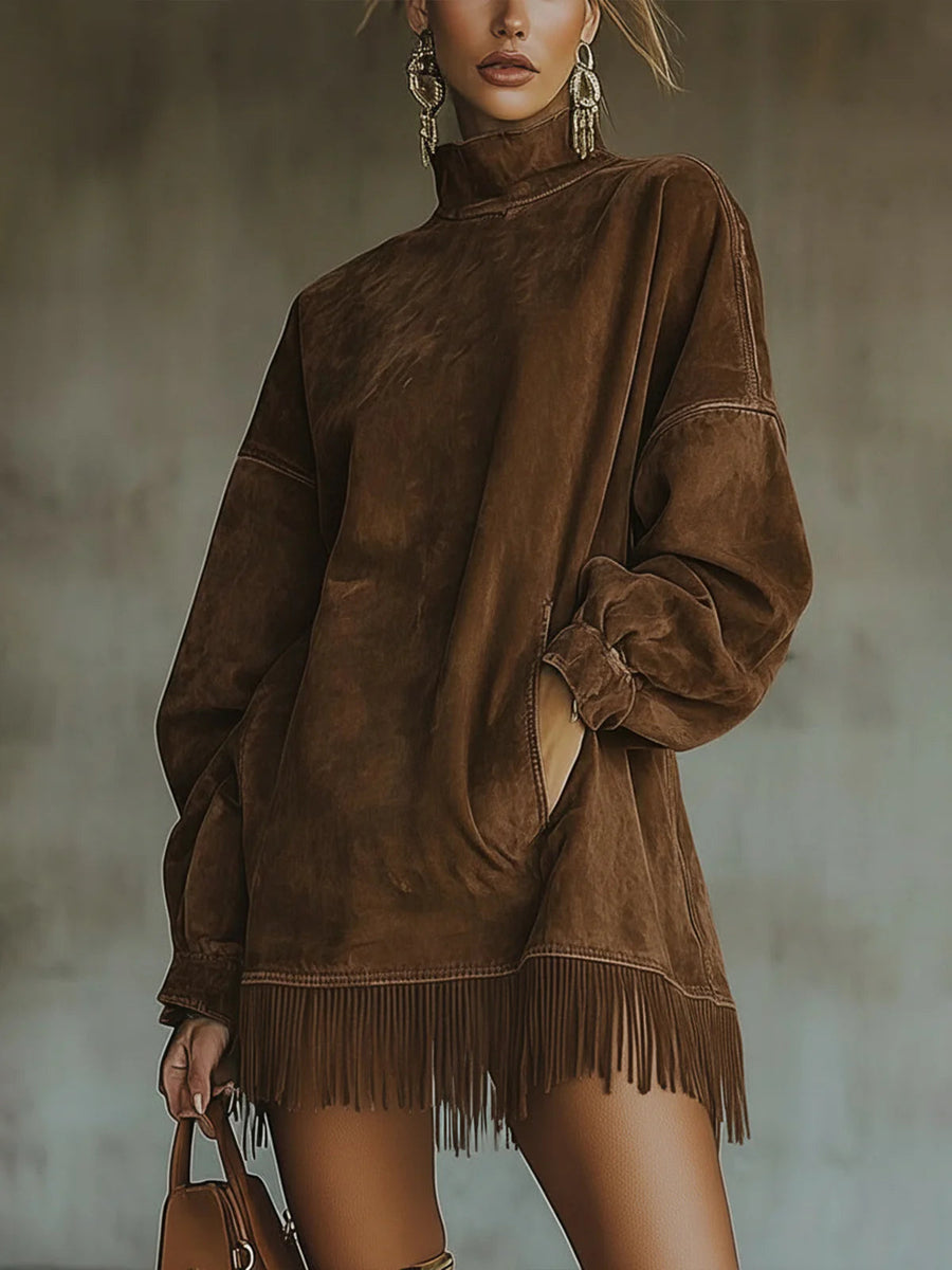 Lavinia Faux Suede Turtleneck Dress With Fringe Hem