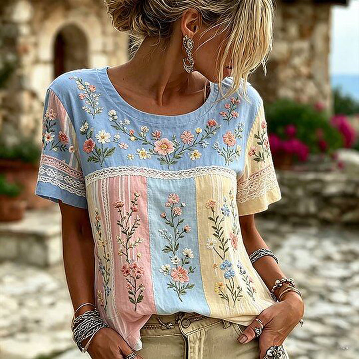 T-Shirt À Fleurs Et À Blocs De Couleur