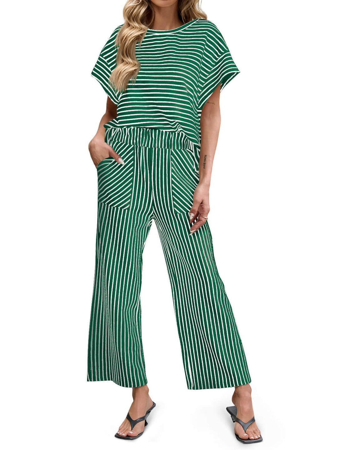 Bea | Ensemble Deux Pièces Rayé T-Shirt Manches Courtes et Pantalon Large