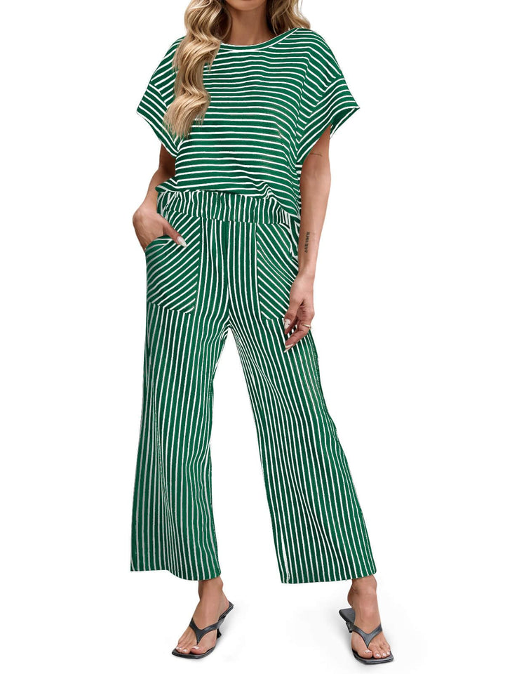 Bea | Ensemble Deux Pièces Rayé T-Shirt Manches Courtes et Pantalon Large