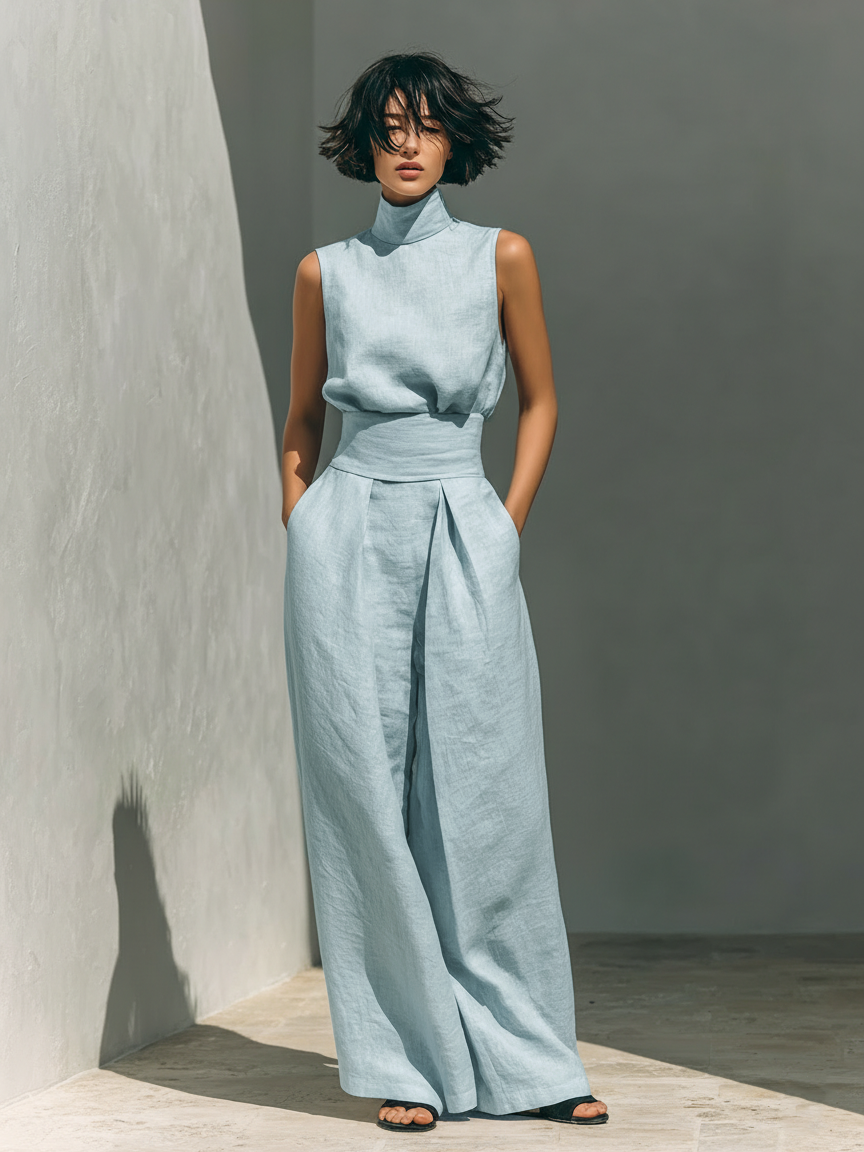 Selene | Ensemble Minimaliste en Coton et Lin avec Pantalon Large