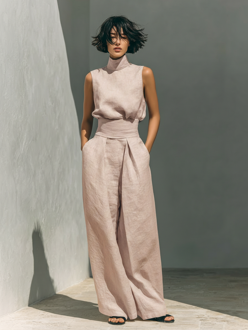 Selene | Ensemble Minimaliste en Coton et Lin avec Pantalon Large