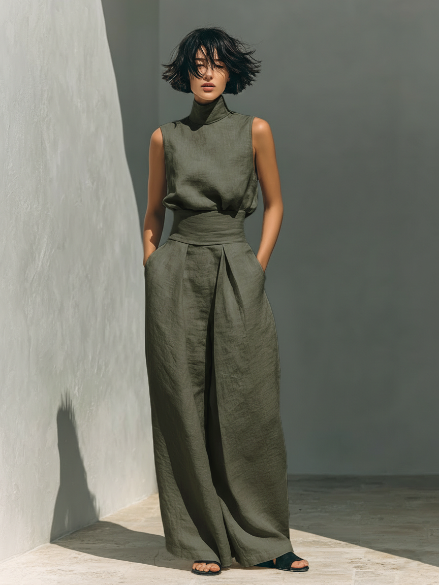 Selene | Ensemble Minimaliste en Coton et Lin avec Pantalon Large