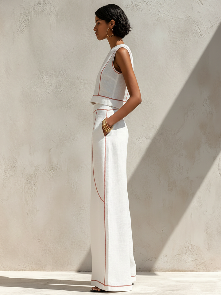 Ensemble Pantalon Élégant à Coutures Contrastées