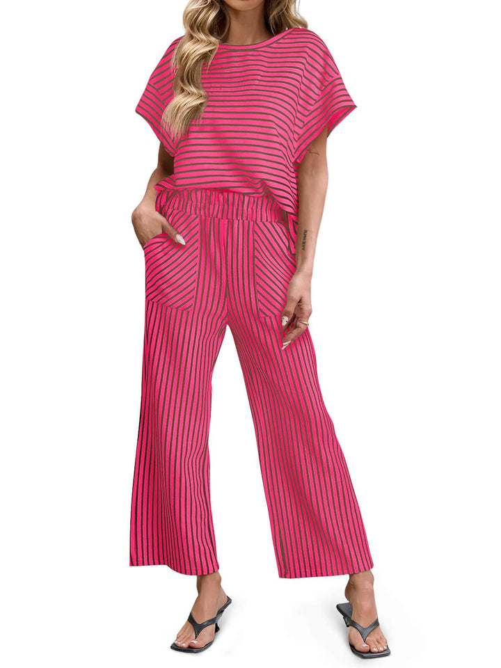 Bea | Ensemble Deux Pièces Rayé T-Shirt Manches Courtes et Pantalon Large