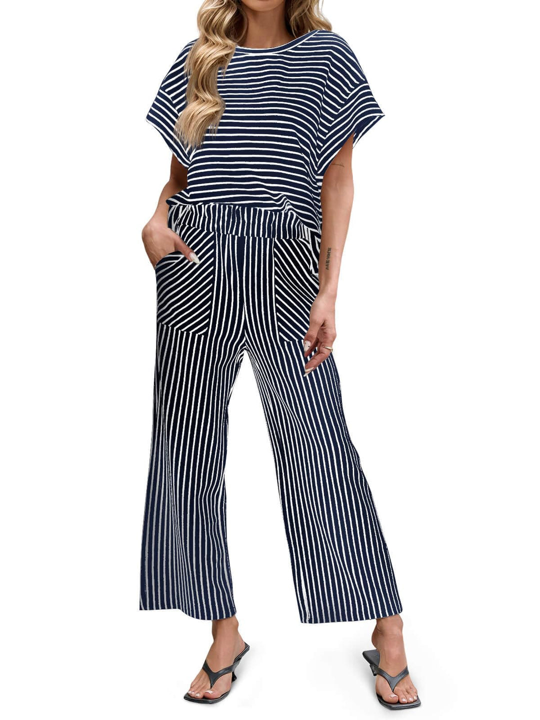 Bea | Ensemble Deux Pièces Rayé T-Shirt Manches Courtes et Pantalon Large