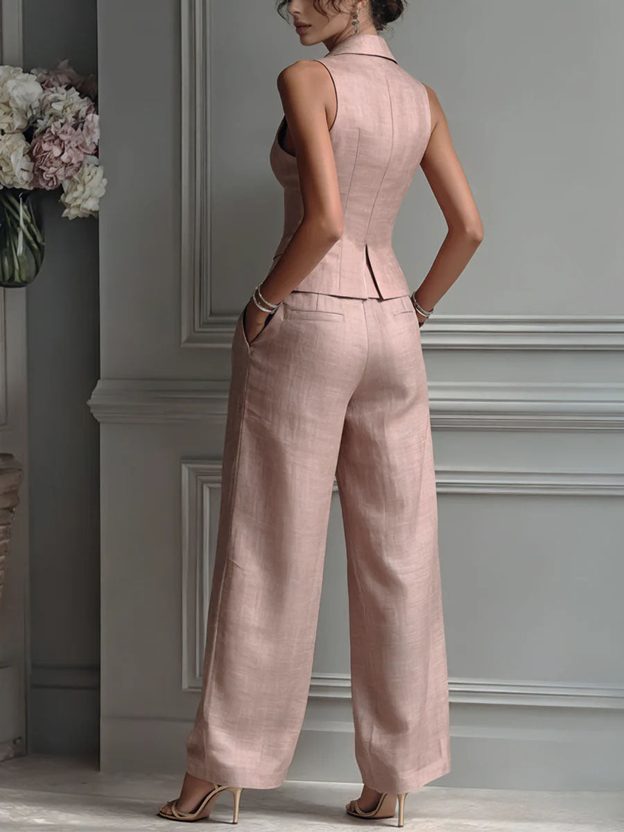 Valentina | Ensemble Gilet Col Tailleur Boutonné & Pantalon Barrel Lin