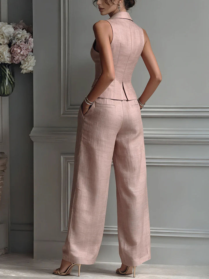 Valentina | Ensemble Gilet Col Tailleur Boutonné & Pantalon Barrel Lin