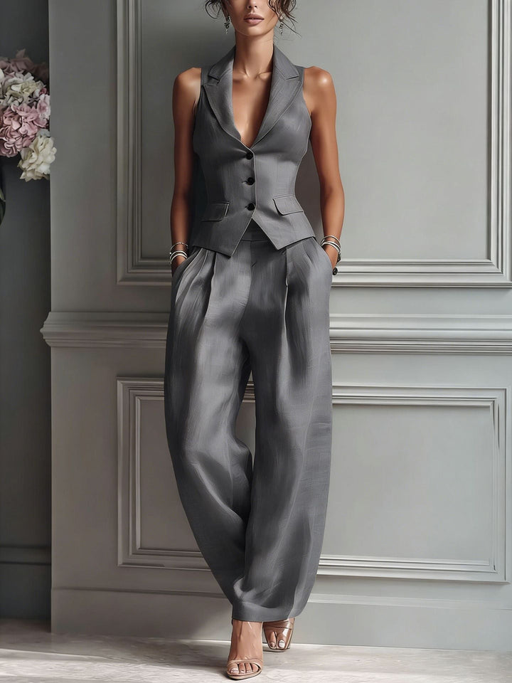 Valentina | Ensemble Gilet Col Tailleur Boutonné & Pantalon Barrel Lin