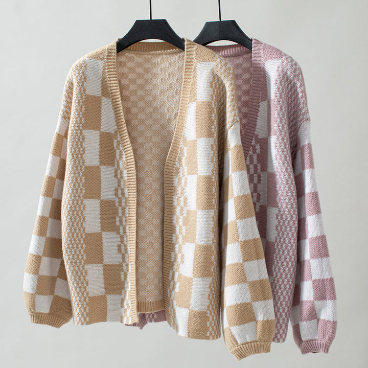 Cardigan Tricoté Décontracté À Carreaux