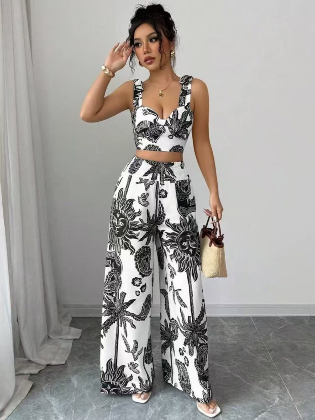 THAWDI™ - Elegant Boho Printed Crop and Wide Leg Pants Set