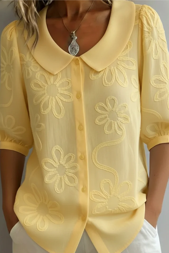 Fiora | Blouse Col Claudine Broderie Fleurie & Manches Bouffantes