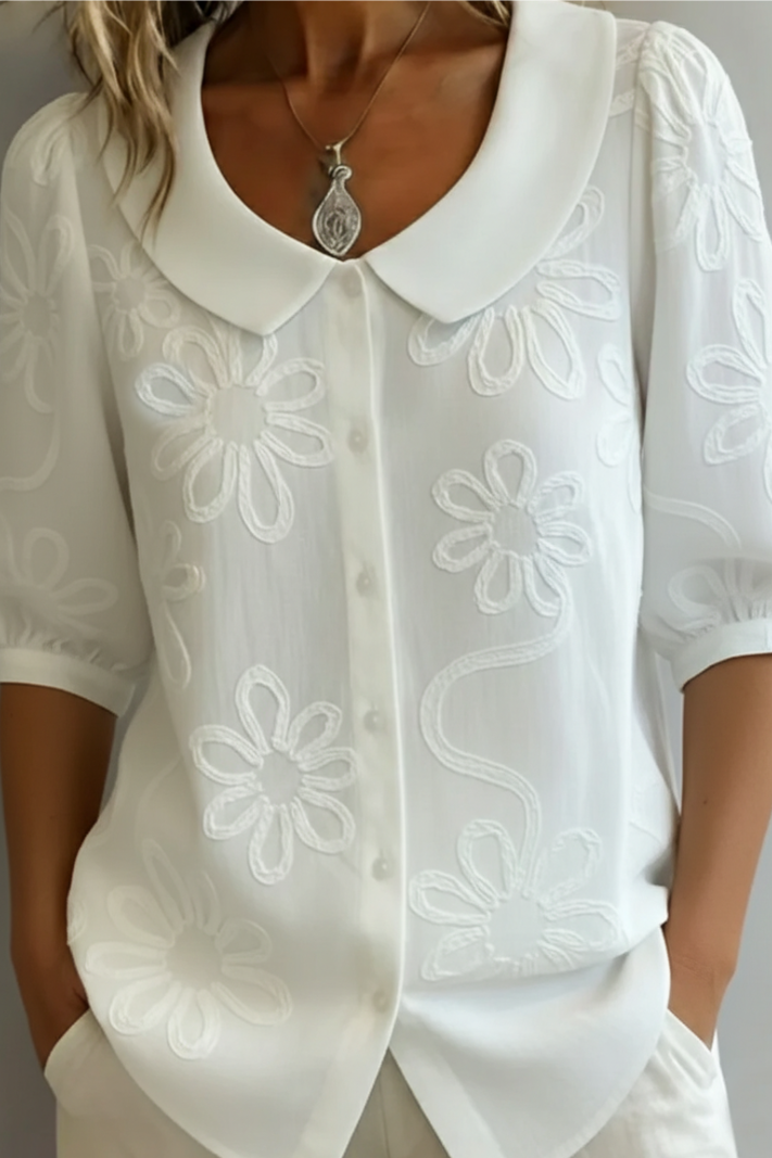Fiora | Blouse Col Claudine Broderie Fleurie & Manches Bouffantes