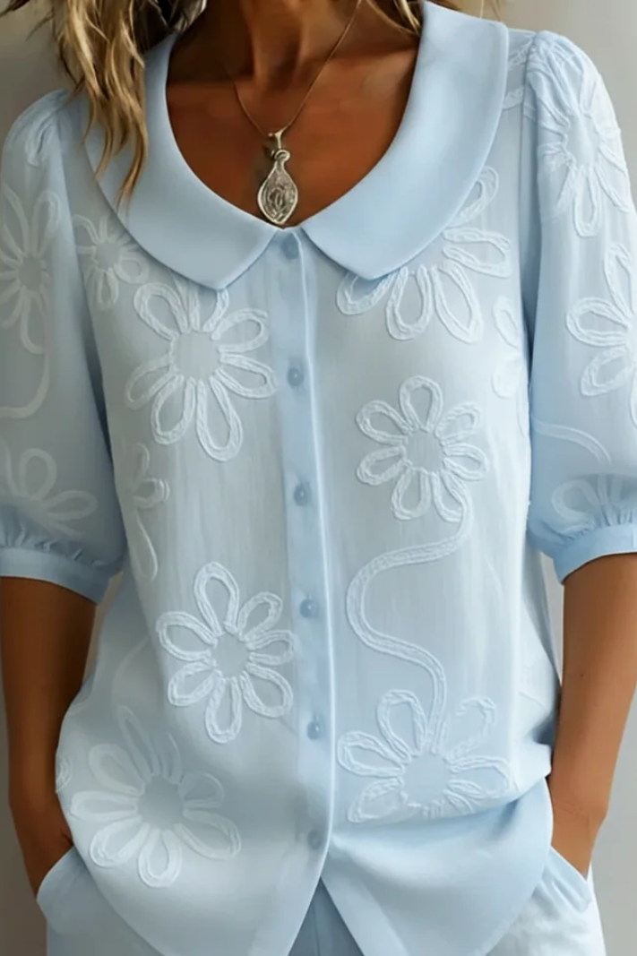 Fiora | Blouse Col Claudine Broderie Fleurie & Manches Bouffantes
