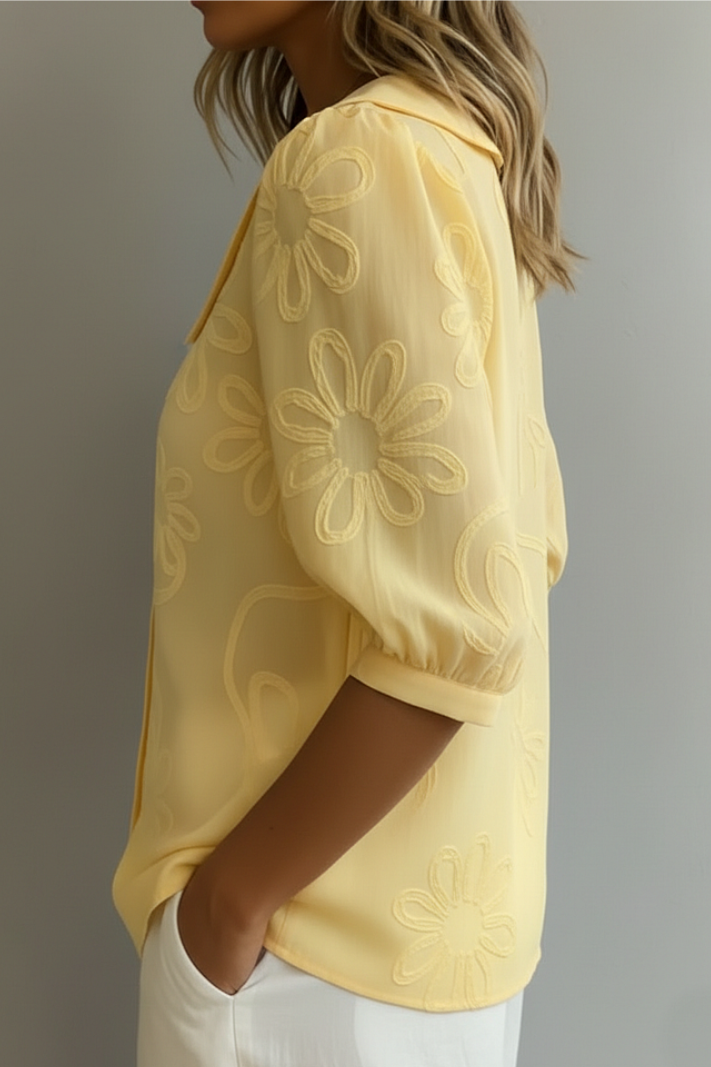 Fiora | Blouse Col Claudine Broderie Fleurie & Manches Bouffantes