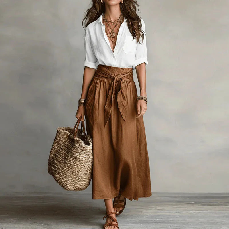 Jeanelle | Ensemble Lin Chemise & Jupe Midi Nouée