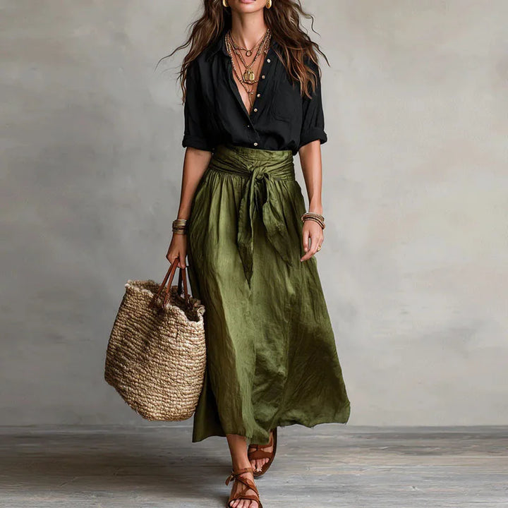 Jeanelle | Ensemble Lin Chemise & Jupe Midi Nouée