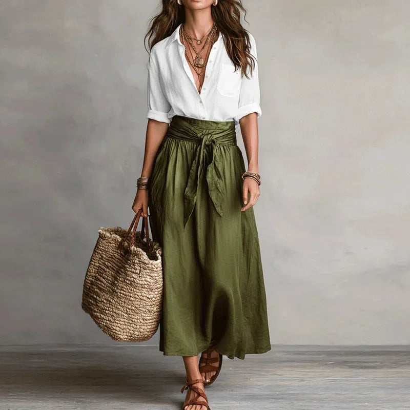 Jeanelle | Ensemble Lin Chemise & Jupe Midi Nouée