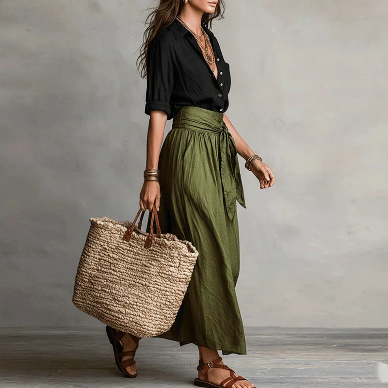 Jeanelle | Ensemble Lin Chemise & Jupe Midi Nouée