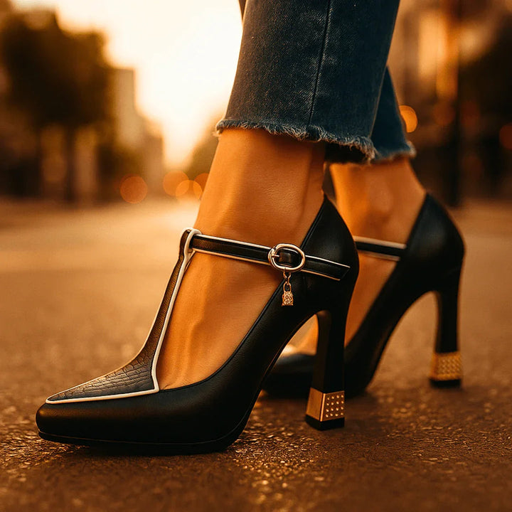 Vivienne | Escarpins Bout Pointu Bride T-Bar & Talon Doré Sculpté