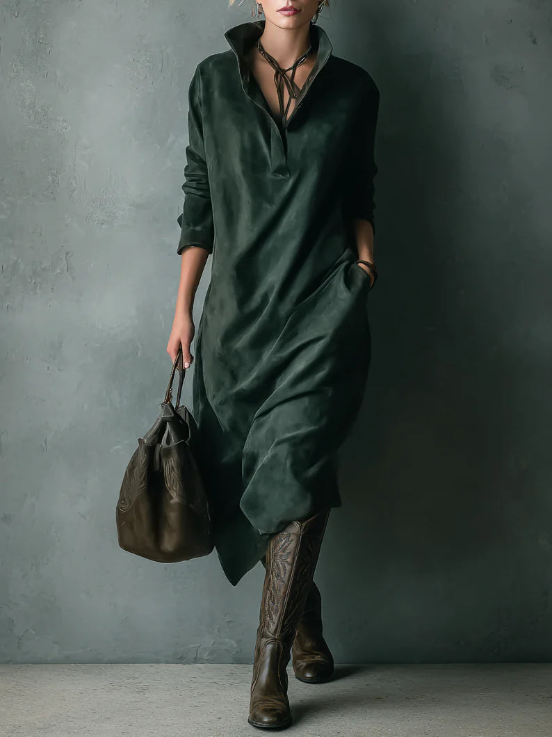 Isna Green Loose Suede Lapel Long Sleeve Midi Dress