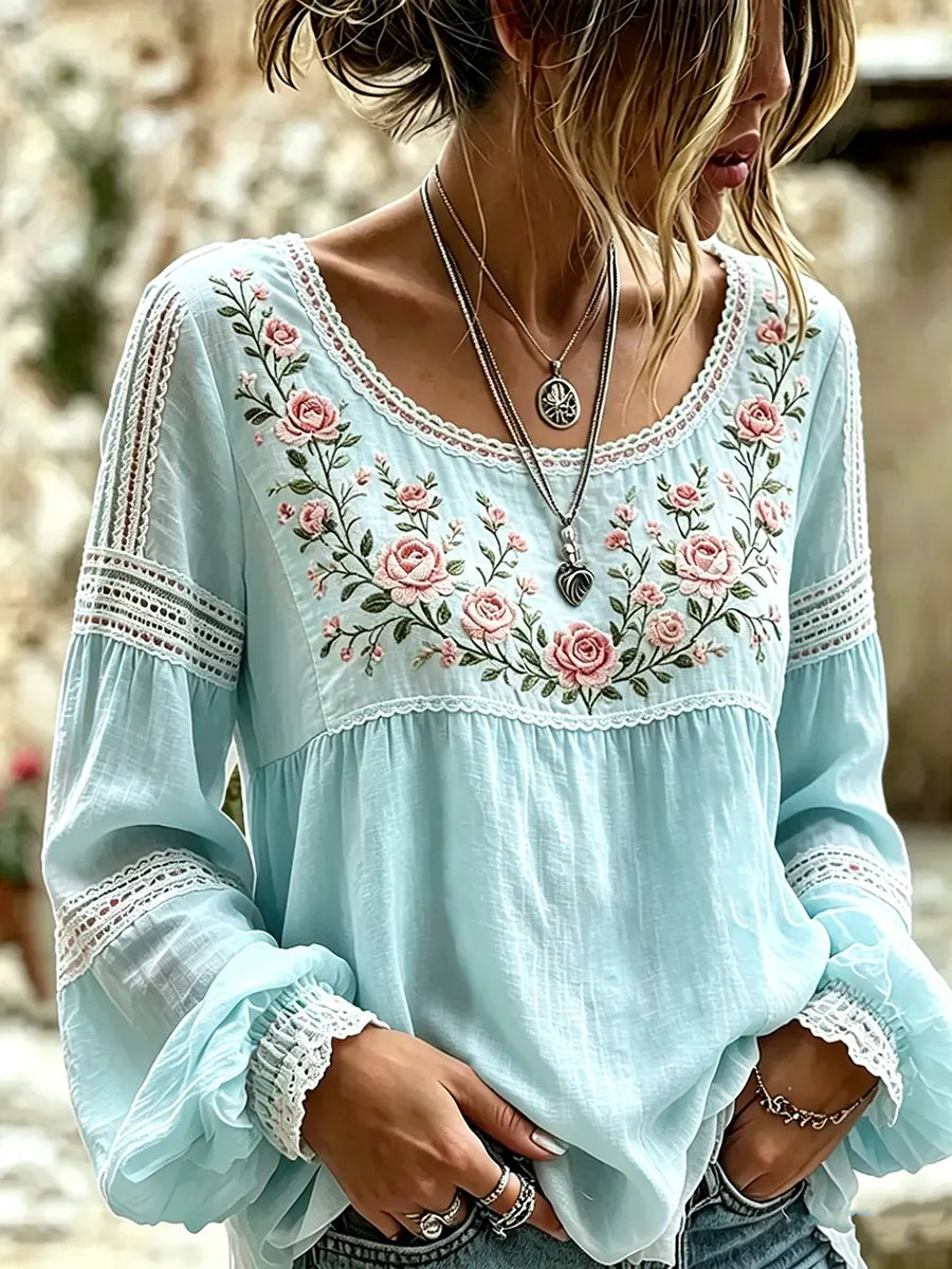 Mireille | Blouse Lin Broderie Roses Col Carré & Insertions Dentelle