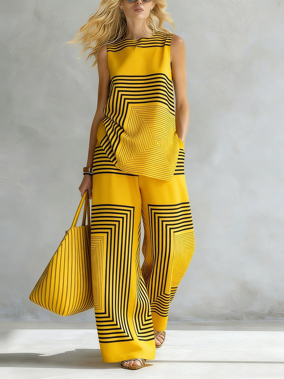 Léa | Ensemble Géométrique Moderne Top Sans Manches & Pantalon Large
