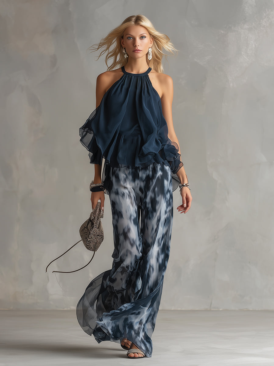 Ludovica | Ensemble Halter Top Volants & Pantalon Large Imprimé Tie-Dye