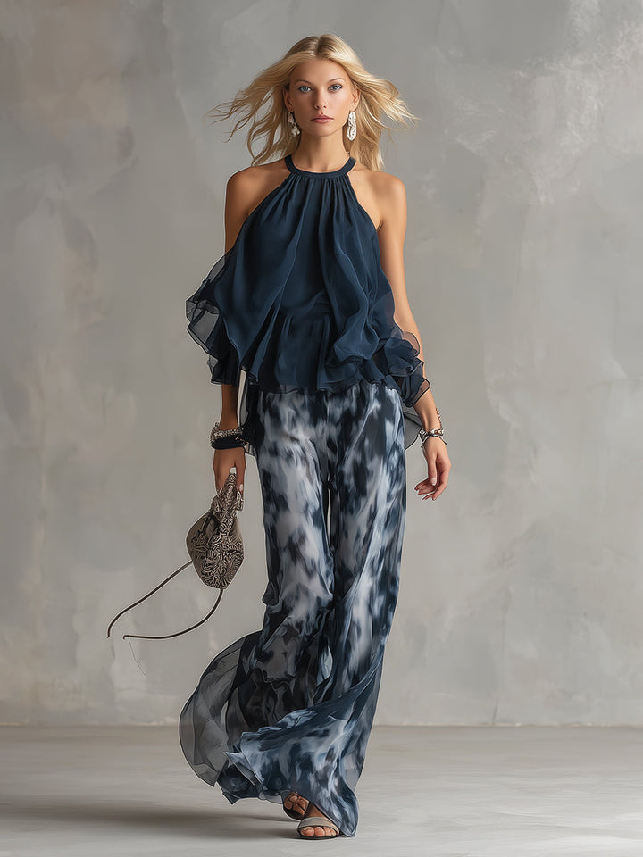 Ludovica | Ensemble Halter Top Volants & Pantalon Large Imprimé Tie-Dye