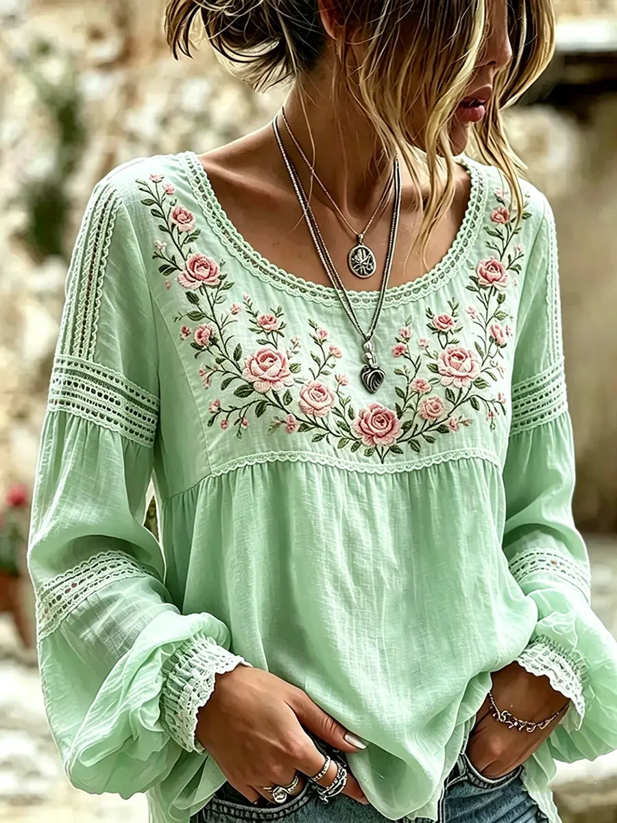 Mireille | Blouse Lin Broderie Roses Col Carré & Insertions Dentelle