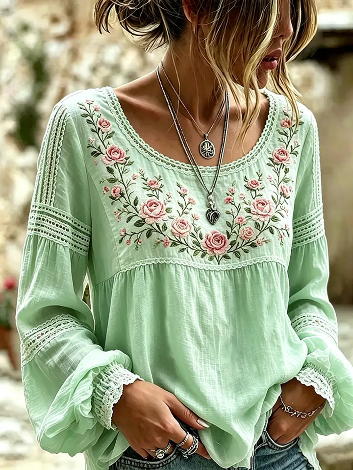 Mireille | Blouse Lin Broderie Roses Col Carré & Insertions Dentelle