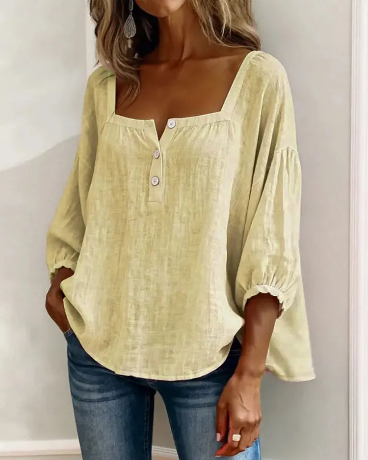 Colette | Blouse Lin Col Carré & Manches Bouffantes