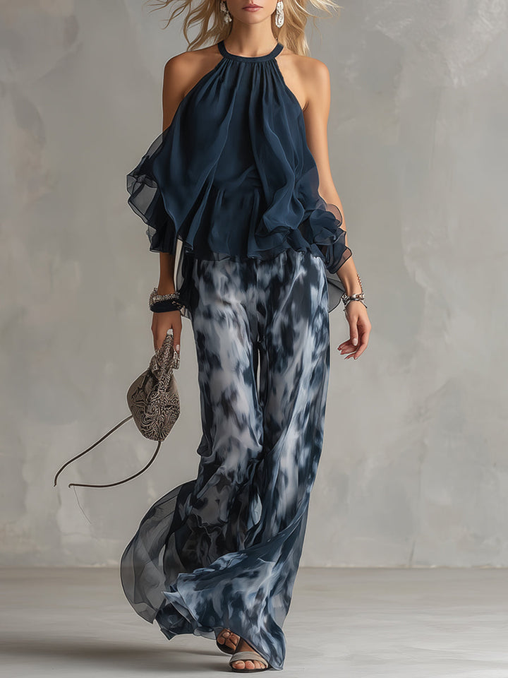 Ludovica | Ensemble Halter Top Volants & Pantalon Large Imprimé Tie-Dye